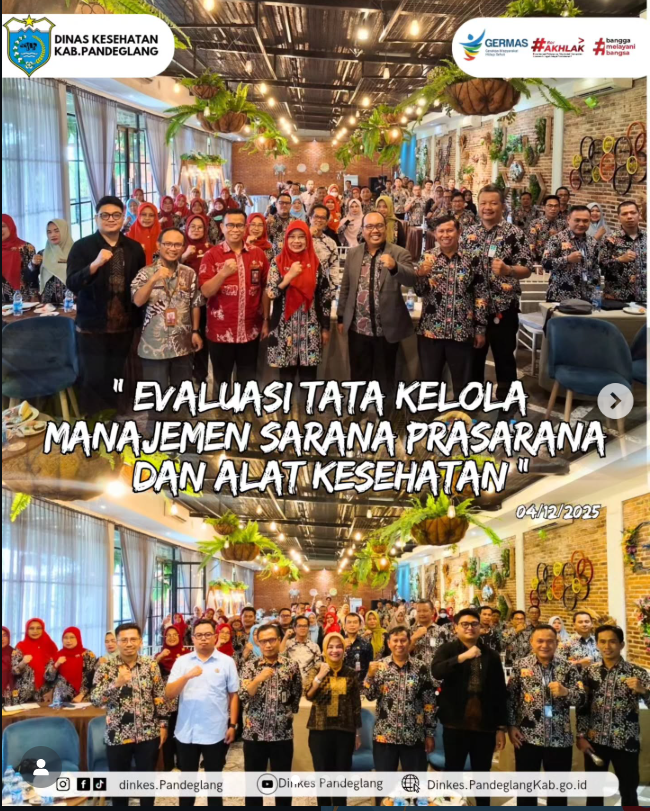 egiatan “Pertemuan Evaluasi Tata Kelola Manajemen Sarana, Prasarana dan Alat Kesehatan Puskesmas Tahun 2025” resmi dibuka oleh Kepala Dinas Kesehatan Kabupaten Pandeglang, Hj. Eni Yati, SKM., M.Kes. Dalam sambutannya, beliau menyampaikan apresiasi atas terselenggaranya pertemuan tersebut sebagai bagian dari upaya memperkuat sistem tata kelola sarana dan prasarana kesehatan di seluruh Puskesmas Kabupaten Pandeglang.  Acara yang dihadiri oleh 72 peserta dari 36 Puskesmas ini bertujuan untuk meningkatkan kualitas pengelolaan fasilitas pelayanan kesehatan, mulai dari perencanaan, pengadaan, pemeliharaan hingga penghapusan aset. Selain itu, kegiatan ini juga menghadirkan narasumber dari Dinas Kesehatan provinsi banten Dr. dr. Hj. Ati Pramudji Hastuti, MARS Kejaksaan Negeri Pandeglang Rizal Jamaludin, S.H., M.H. Inspektorat Kabupaten Pandeglang, serta ADINKES Provinsi Banten Moh Arif Mulyawan.S.IP.M.AP  Dengan dimulainya kegiatan ini, diharapkan seluruh peserta dapat meningkatkan pemahaman terhadap regulasi serta mampu menerapkan tata kelola yang lebih baik, tepat sasaran, dan sesuai ketentuan yang berlaku.